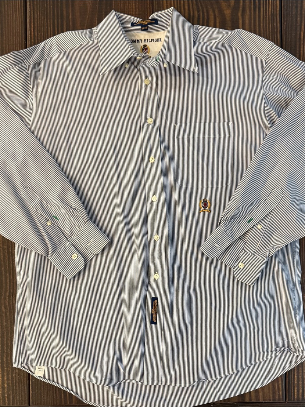 90s Tommy Hilfiger Men's Blue Pinstripe Button-Down Shirt